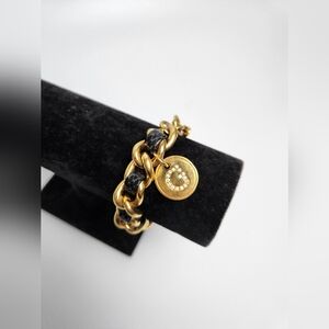 GUESS Y2K Chunky Gold And Black Leather‎ Clasp Bracelet For Women Diamond Gold